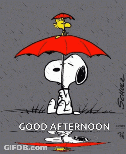 A Cartoon Of Snoopy Holding A Red Umbrella With The Words Good Afternoon Below Him GIF