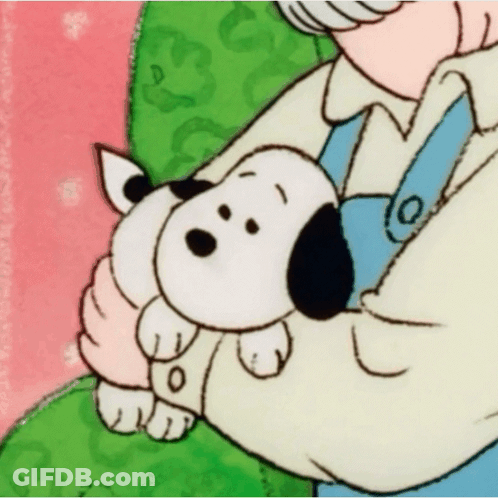 A Cartoon Of Snoopy Holding A Small Dog GIF