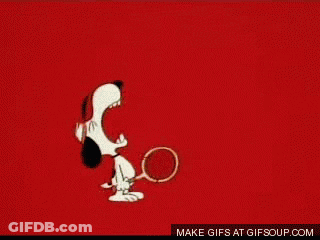 A Cartoon Of Snoopy Holding A Tennis Racquet With The Words " Aa Ugghh " Written In Yellow GIF