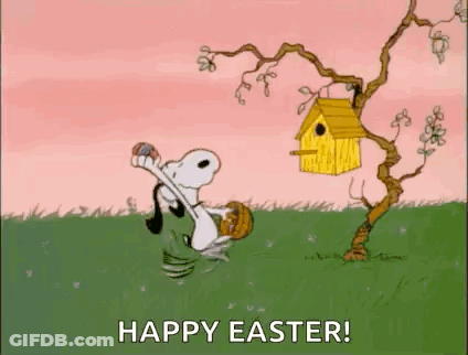 A Cartoon Of Snoopy Holding An Easter Egg And A Birdhouse In A Field . GIF