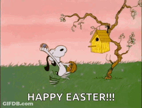 A Cartoon Of Snoopy Holding An Easter Egg In Front Of A Birdhouse GIF