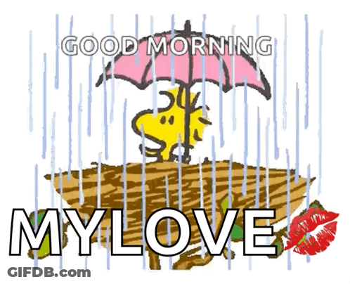A Cartoon Of Snoopy Holding An Umbrella In The Rain With The Words " Good Morning My Love " GIF