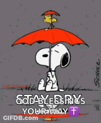 A Cartoon Of Snoopy Holding An Umbrella With The Words God Blessings Your Way On It GIF