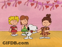 A Cartoon Of Snoopy Holding Hands With Two Girls In Front Of A Pink Wall With Hearts On It GIF