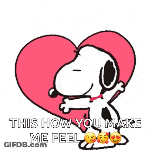 A Cartoon Of Snoopy Hugging A Heart With The Words " This How You Make Me Feel " Below It GIF