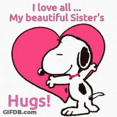 A Cartoon Of Snoopy Hugging A Large Pink Heart With The Words " I Love All My Beautiful Sister 'S Hugs " GIF