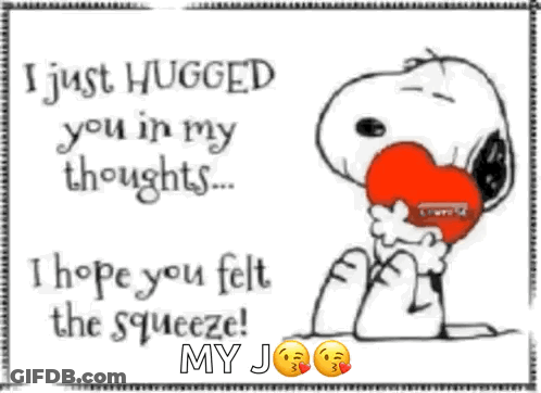 A Cartoon Of Snoopy Hugging A Red Heart With The Words " I Just Hugged You In My Thoughts " GIF