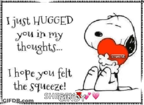 A Cartoon Of Snoopy Hugging A Red Heart With The Words I Just Hugged You In My Thoughts GIF