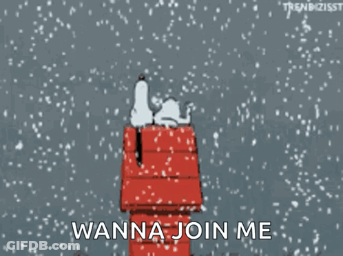 A Cartoon Of Snoopy In A Red House In The Snow With The Words " Wanna Join Me " GIF
