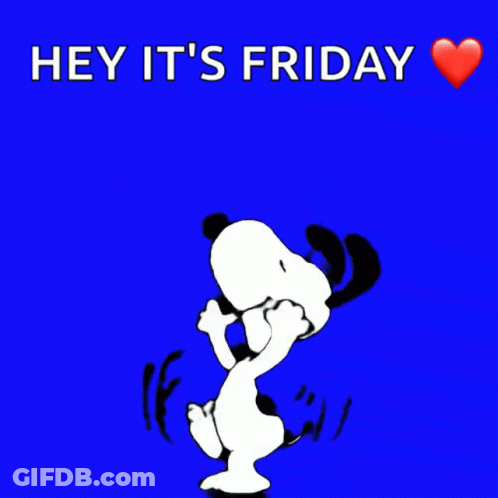 A Cartoon Of Snoopy Jumping With The Words Hey It 'S Friday GIF