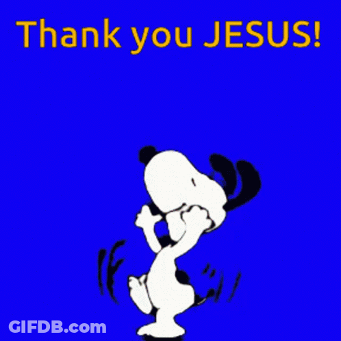 A Cartoon Of Snoopy Jumping With The Words Thank You Jesus GIF