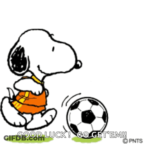 A Cartoon Of Snoopy Kicking A Soccer Ball With The Words Good Luck Go Get Em Written Below Him GIF