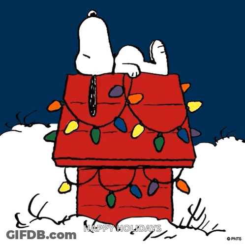 A Cartoon Of Snoopy Laying In A Chimney With Christmas Lights GIF