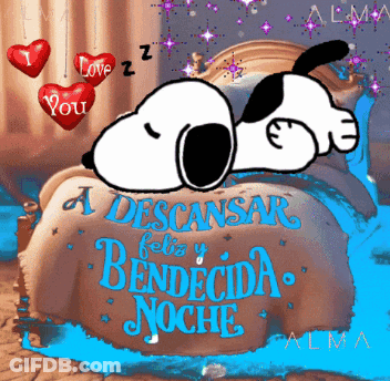 A Cartoon Of Snoopy Laying On A Bed With The Words A Descansar Feliz Bendecida Noche GIF