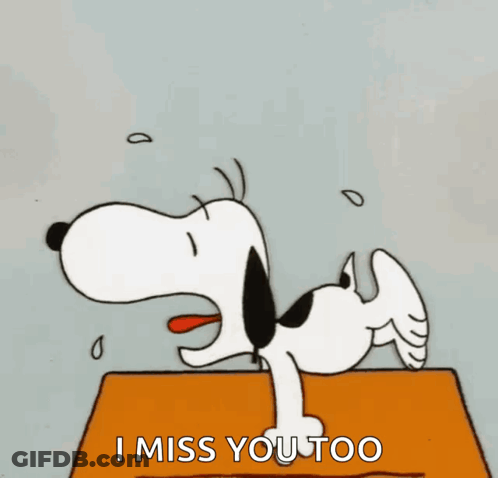 A Cartoon Of Snoopy Laying On A Box With The Words I Miss You Too GIF
