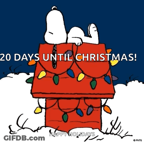 A Cartoon Of Snoopy Laying On A Chimney With Christmas Lights Around It GIF