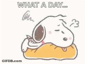 A Cartoon Of Snoopy Laying On A Pillow With The Words `` What A Day . '' GIF