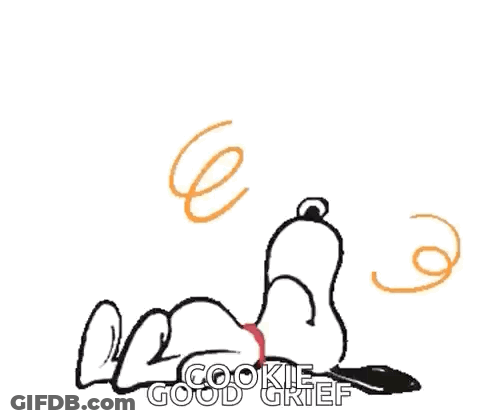 A Cartoon Of Snoopy Laying On The Floor With The Words `` Cookie Good Grief '' Written On The Bottom . GIF