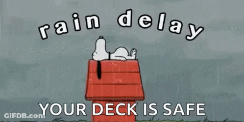A Cartoon Of Snoopy Laying On Top Of A Wooden House In The Rain . GIF