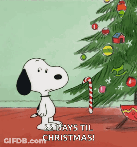 A Cartoon Of Snoopy Looking At A Christmas Tree With The Words 22 Days Till Christmas GIF