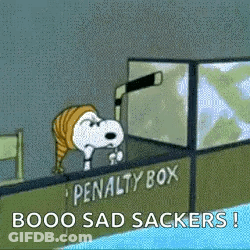 A Cartoon Of Snoopy Looking At A Penalty Box That Says Booo Sad Sackers . GIF