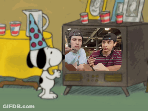 A Cartoon Of Snoopy Looking At A Picture Of Two Men GIF