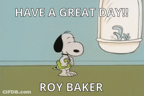 A Cartoon Of Snoopy Looking At Himself In A Mirror With The Words Have A Great Day Roy Baker Below Him GIF