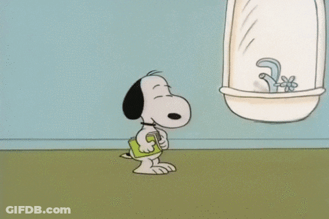 A Cartoon Of Snoopy Looking At His Reflection In A Bathroom Mirror GIF