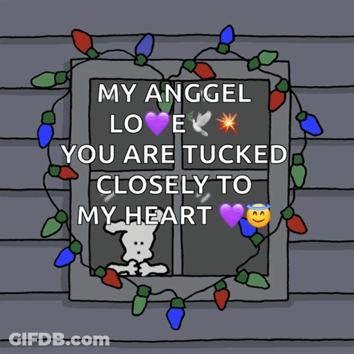 A Cartoon Of Snoopy Looking Out Of A Window With Christmas Lights Around It And The Words My Anggel Love GIF