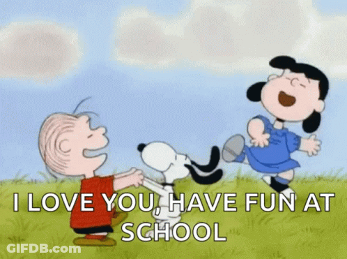 A Cartoon Of Snoopy , Lucy And Linus Saying I Love You , Have Fun At School GIF