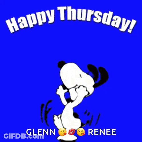 A Cartoon Of Snoopy On A Green Background With The Words Happy Thursday Glenn Renee GIF