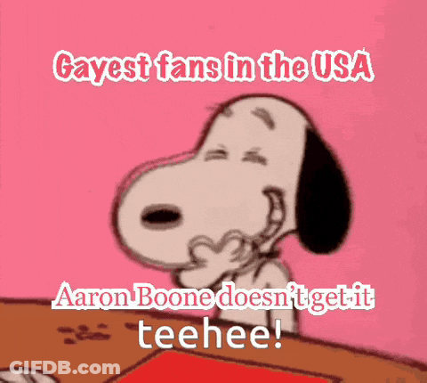 A Cartoon Of Snoopy On A Pink Background That Says Gayest Fans In The Usa GIF