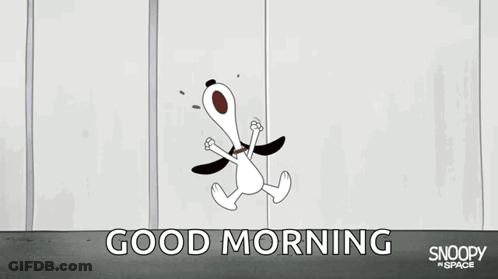 A Cartoon Of Snoopy On A Swing With The Words `` Good Morning '' Written On The Bottom GIF