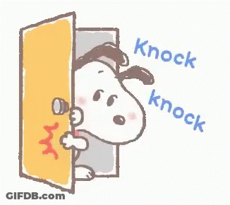 A Cartoon Of Snoopy Peeking Out Of A Door And Knocking On It . GIF