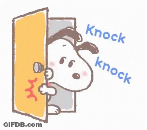 A Cartoon Of Snoopy Peeking Out Of A Door And Knocking On It . GIF
