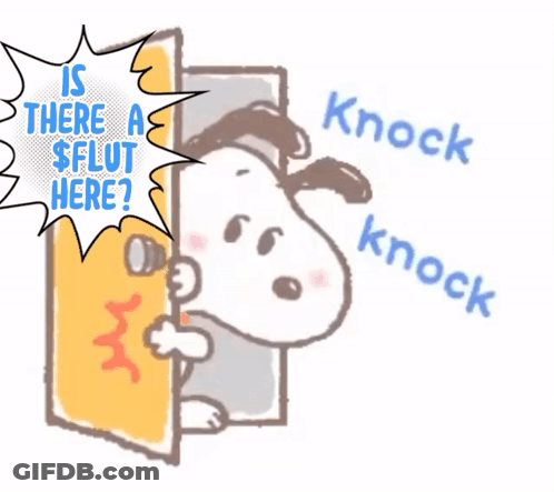 A Cartoon Of Snoopy Peeking Out Of A Door With The Words " Is There A $ Flut Here " Behind Him GIF
