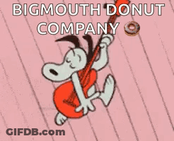 A Cartoon Of Snoopy Playing A Guitar With The Words `` Bigmouth Donut Company '' Behind Him . GIF
