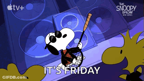 A Cartoon Of Snoopy Playing A Guitar With The Words " It 'S Friday " Above Him GIF