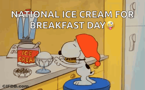 A Cartoon Of Snoopy Pouring Ice Cream Into A Bowl For National Ice Cream For Breakfast Day GIF