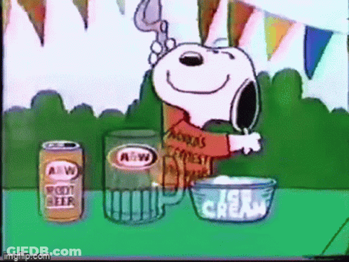 A Cartoon Of Snoopy Pouring Ice Cream Into A Cup GIF