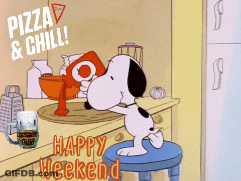 A Cartoon Of Snoopy Pouring Sauce Into A Bowl With The Words " Pizza & Chill " Above Him GIF