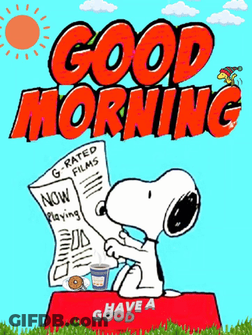 A Cartoon Of Snoopy Reading A Newspaper With The Words Good Morning GIF