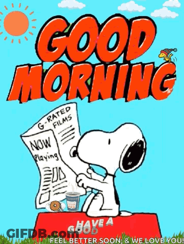 A Cartoon Of Snoopy Reading A Newspaper With The Words `` Good Morning '' On It GIF