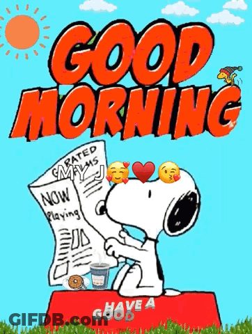 A Cartoon Of Snoopy Reading A Newspaper With The Words Good Morning On It GIF
