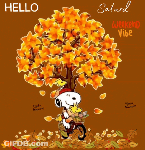 A Cartoon Of Snoopy Riding A Bike Under A Tree With The Words Saturda Weekend Vibe GIF