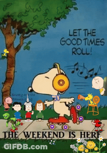 A Cartoon Of Snoopy Rollerblading With The Words " Let The Good Times Roll " GIF