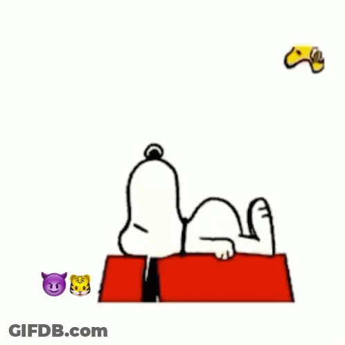 A Cartoon Of Snoopy Saying Good Morning With Woodstock Flying In The Background GIF
