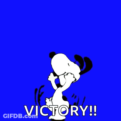 A Cartoon Of Snoopy Saying Victory On A Blue Background . GIF