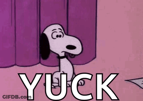 A Cartoon Of Snoopy Saying Yuck In Front Of Purple Curtains . GIF