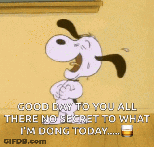 A Cartoon Of Snoopy Says Good Day To You All There No Secret To What I 'M Dong Today GIF
